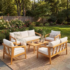 Christopher Knight Home Sunny moderne 5-teilige Sitzgruppe aus Akazienholz mit rechteckigem Tisch mit Lamellenplatte und 7 Sitzplätzen