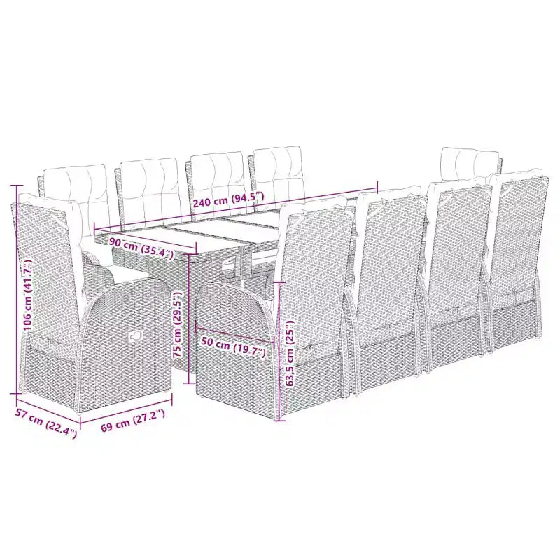 vidaXL Garden Dining Set Black PE rattan 10-seater Adjustable Armrests