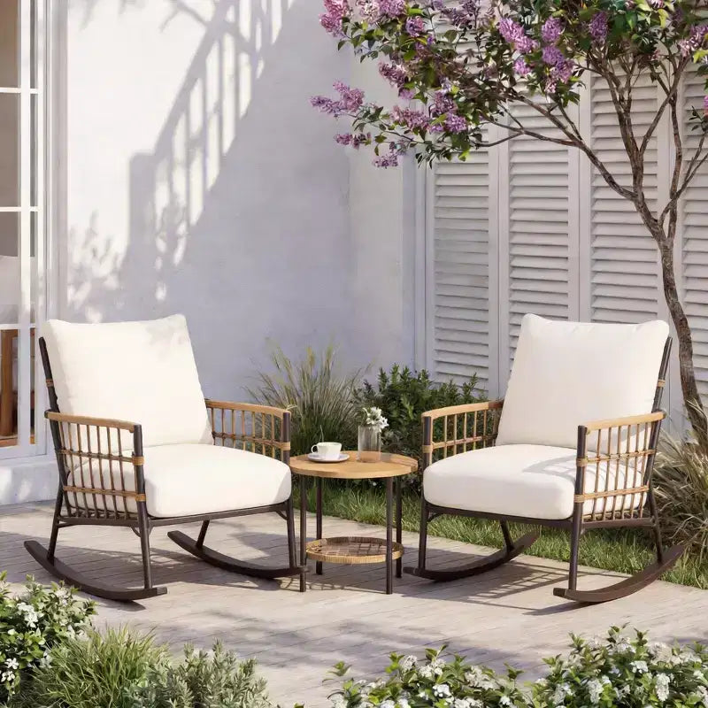 LAUSAINT HOME 3-Piece Patio Rocking Chairs Set, Outdoor PE Wicker Patio Furniture with Thick Cushions