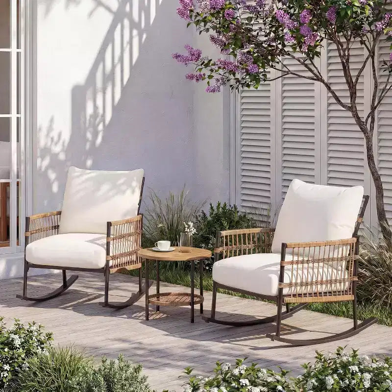 Ensemble de fauteuils à bascule de terrasse LAUSAINT HOME 3 pièces, mobilier de terrasse extérieur en résine tressée PE avec coussins épais