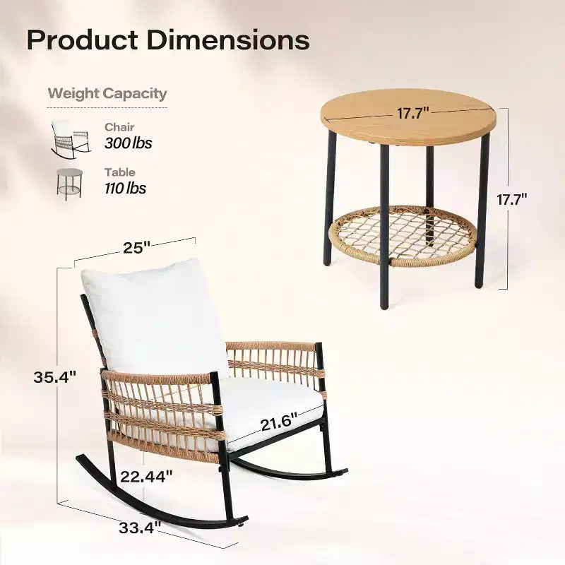 Ensemble de fauteuils à bascule de terrasse LAUSAINT HOME 3 pièces, mobilier de terrasse extérieur en résine tressée PE avec coussins épais