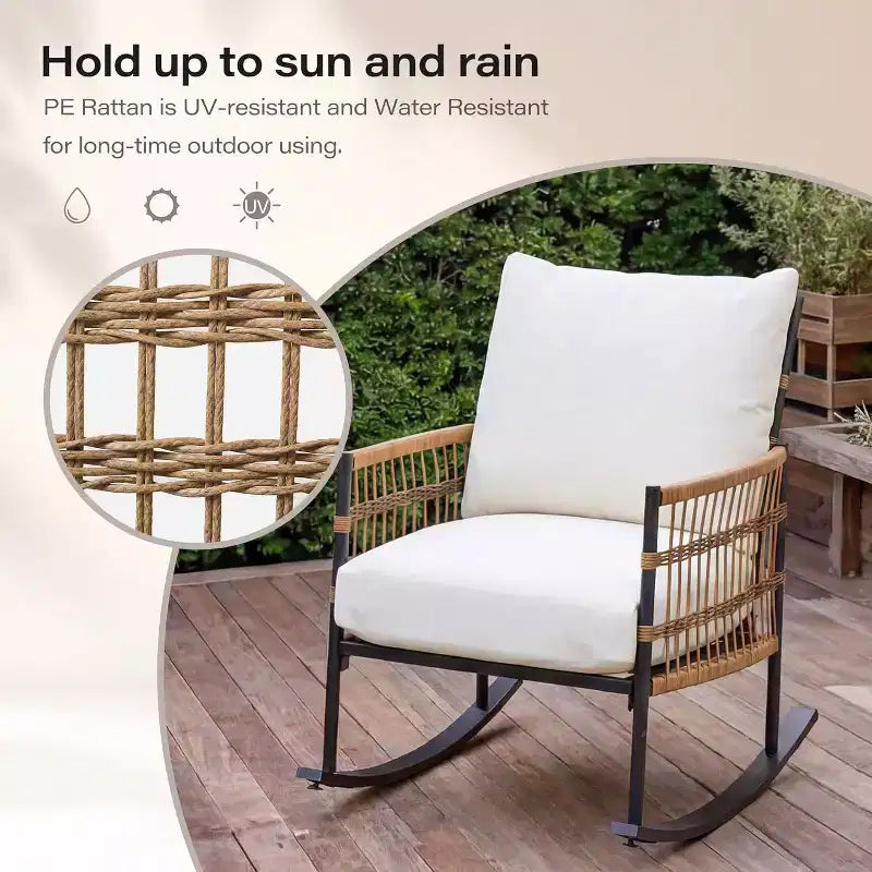 Ensemble de fauteuils à bascule de terrasse LAUSAINT HOME 3 pièces, mobilier de terrasse extérieur en résine tressée PE avec coussins épais