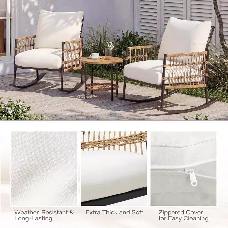 Ensemble de fauteuils à bascule de terrasse LAUSAINT HOME 3 pièces, mobilier de terrasse extérieur en résine tressée PE avec coussins épais