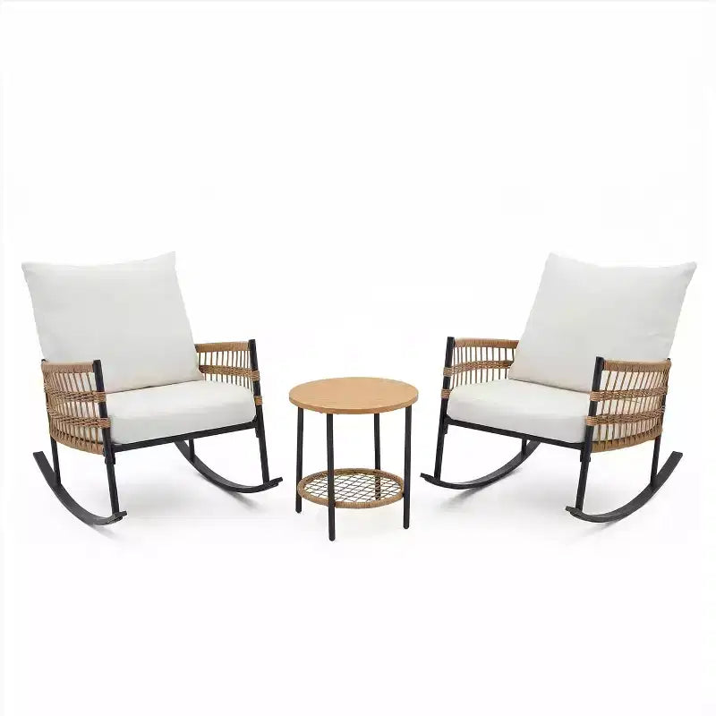 Ensemble de fauteuils à bascule de terrasse LAUSAINT HOME 3 pièces, mobilier de terrasse extérieur en résine tressée PE avec coussins épais