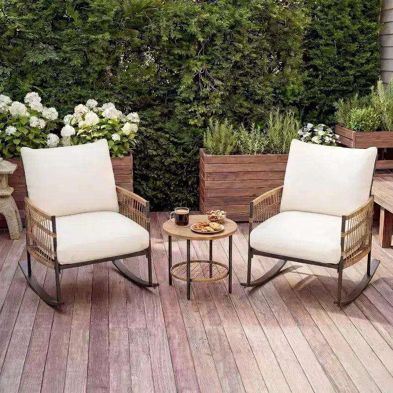 Ensemble de fauteuils à bascule de terrasse LAUSAINT HOME 3 pièces, mobilier de terrasse extérieur en résine tressée PE avec coussins épais