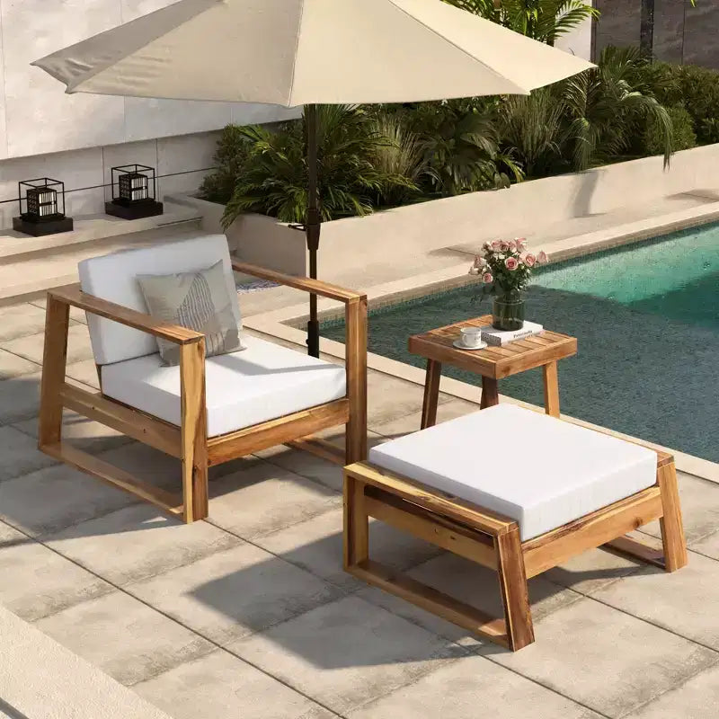 GDFStudio Camille Acacia Wood Outdoor Lounge Chair and Ottoman Set with Cushions