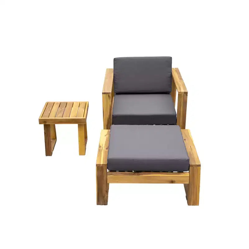 Ensemble de fauteuil de détente et pouf d’extérieur GDFStudio Camille en bois d’acacia, avec coussins