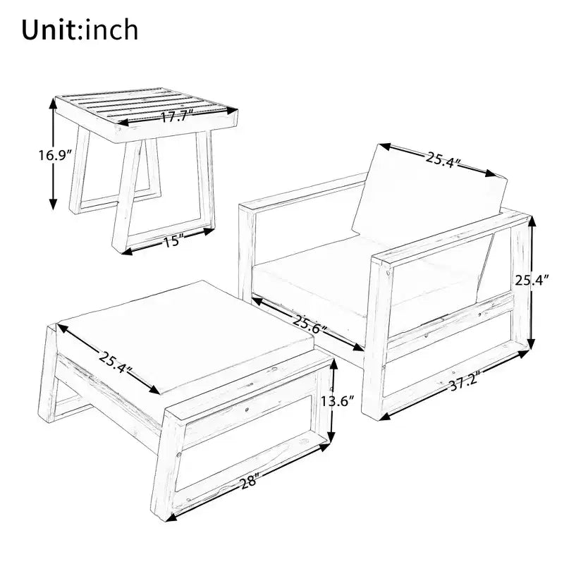Ensemble de fauteuil de détente et pouf d’extérieur GDFStudio Camille en bois d’acacia, avec coussins