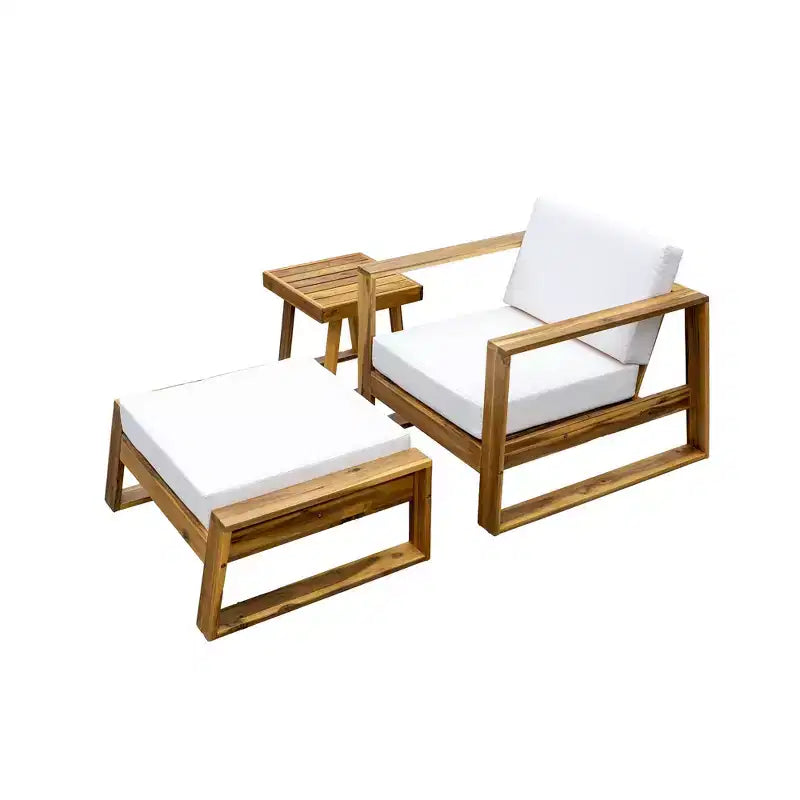 Ensemble de fauteuil de détente et pouf d’extérieur GDFStudio Camille en bois d’acacia, avec coussins