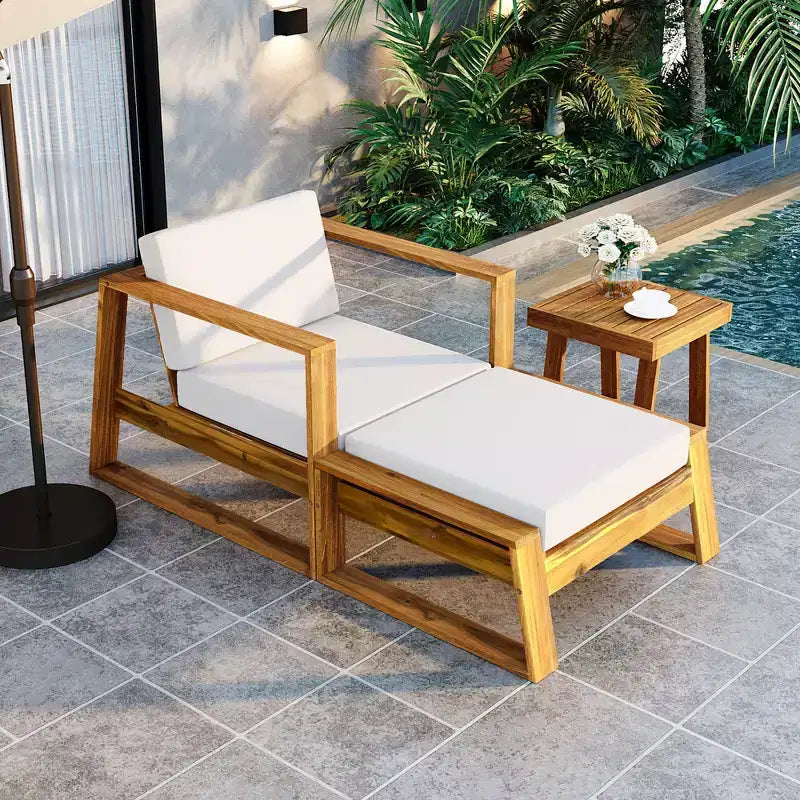 Ensemble de fauteuil de détente et pouf d’extérieur GDFStudio Camille en bois d’acacia, avec coussins