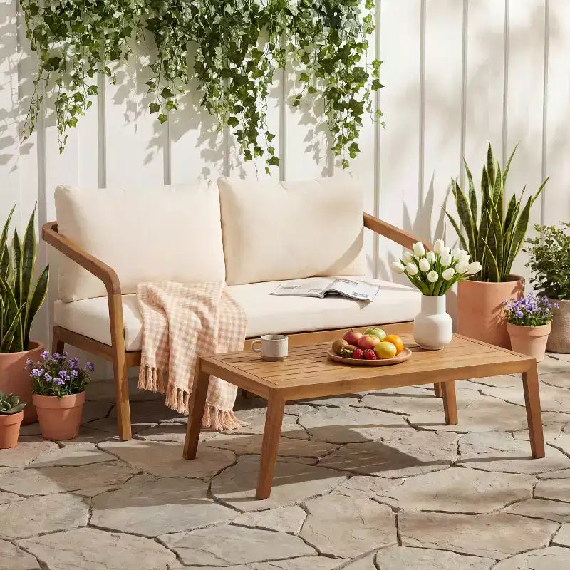 Christopher Knight Home Nolan Patio Acacia Wood and Wicker 2-Piece Loveseat Set with Coffee Table and Cushions