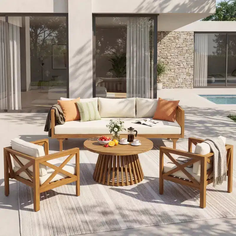 Christopher Knight Home Claremont Patio Modern Acacia Wood 4-Piece Conversation Set Cushions