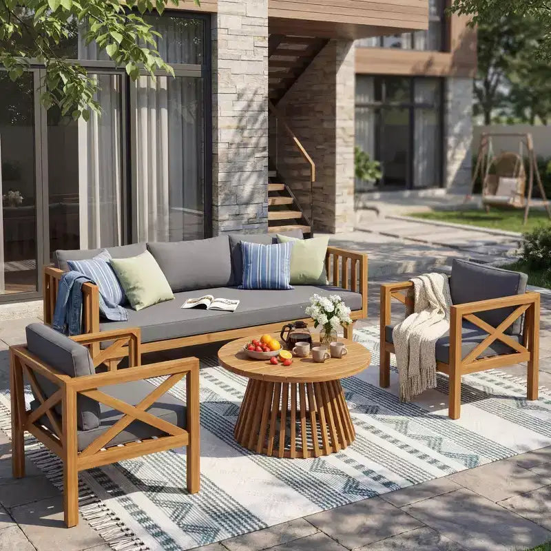 Christopher Knight Home Claremont modern, 4 részes akácfa teraszos beszélgetőgarnitúra párnákkal