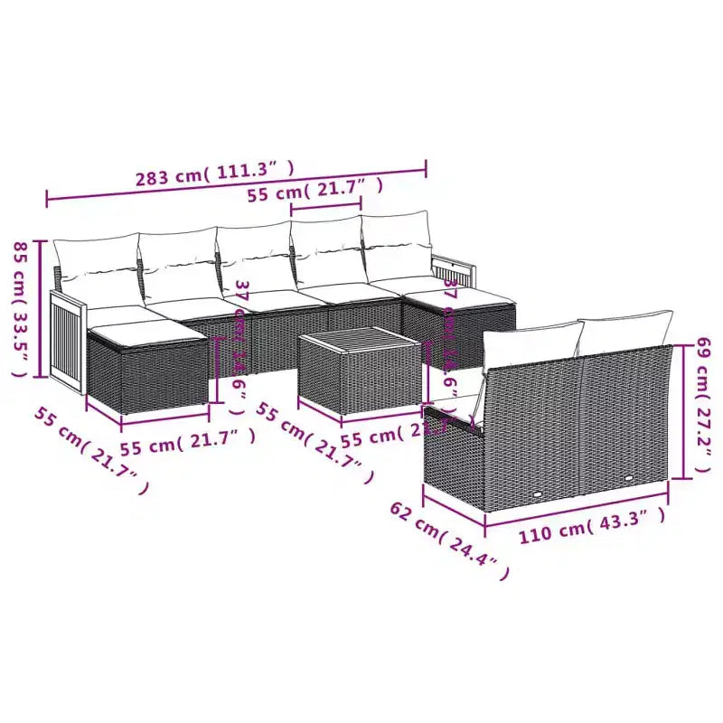Set di divani da patio vidaXL da 10 pezzi con cuscini, polirattan nero
