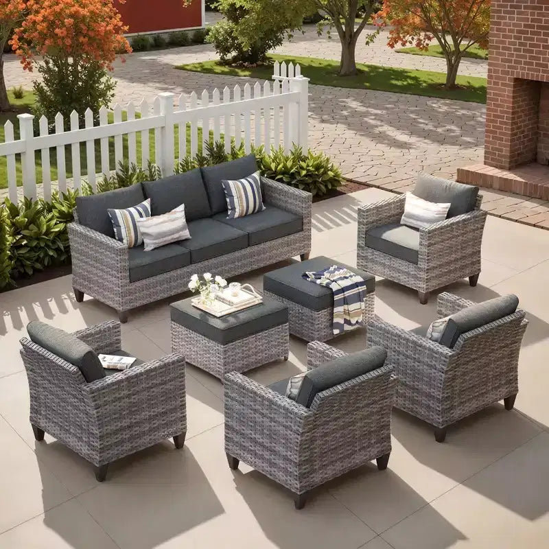 HOMLUX 7 részes kültéri rattan ülőgarnitúra kanapéval, lábtartókkal és székekkel