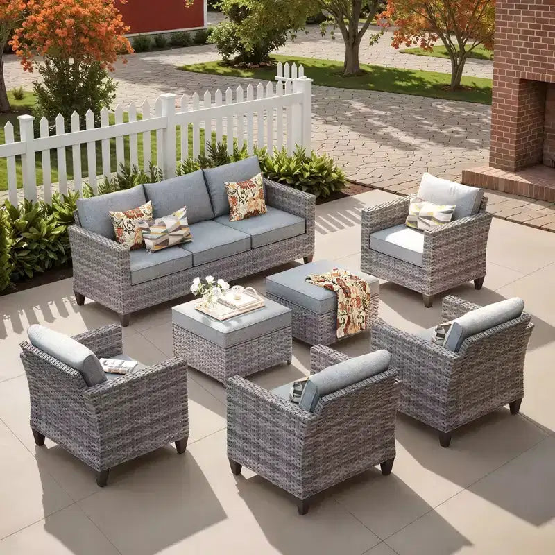 HOMLUX 7 részes kültéri rattan ülőgarnitúra kanapéval, lábtartókkal és székekkel