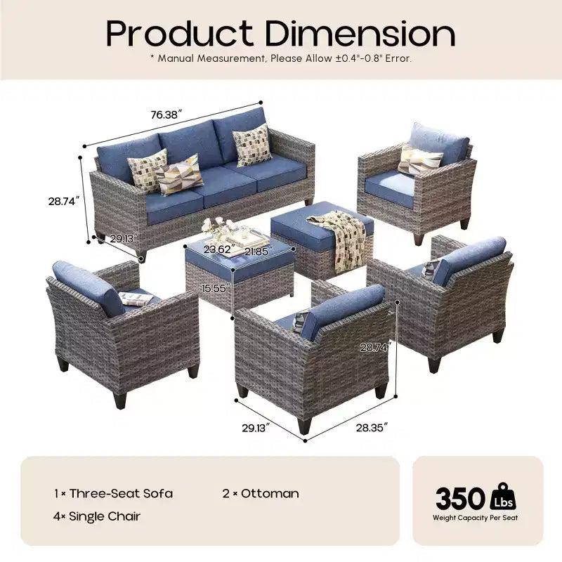 HOMLUX 7 részes kültéri rattan ülőgarnitúra kanapéval, lábtartókkal és székekkel