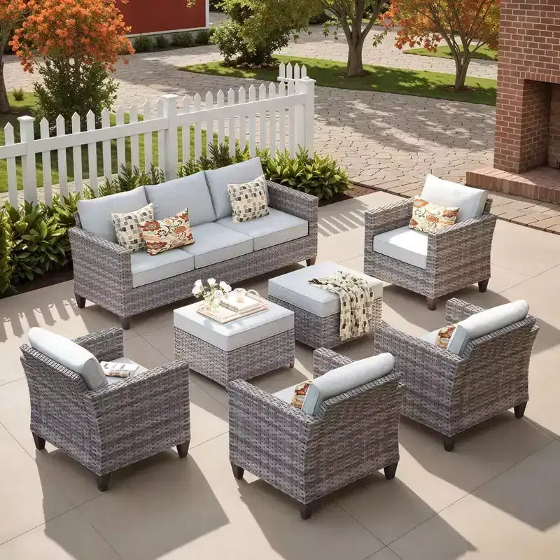 HOMLUX 7 részes kültéri rattan ülőgarnitúra kanapéval, lábtartókkal és székekkel