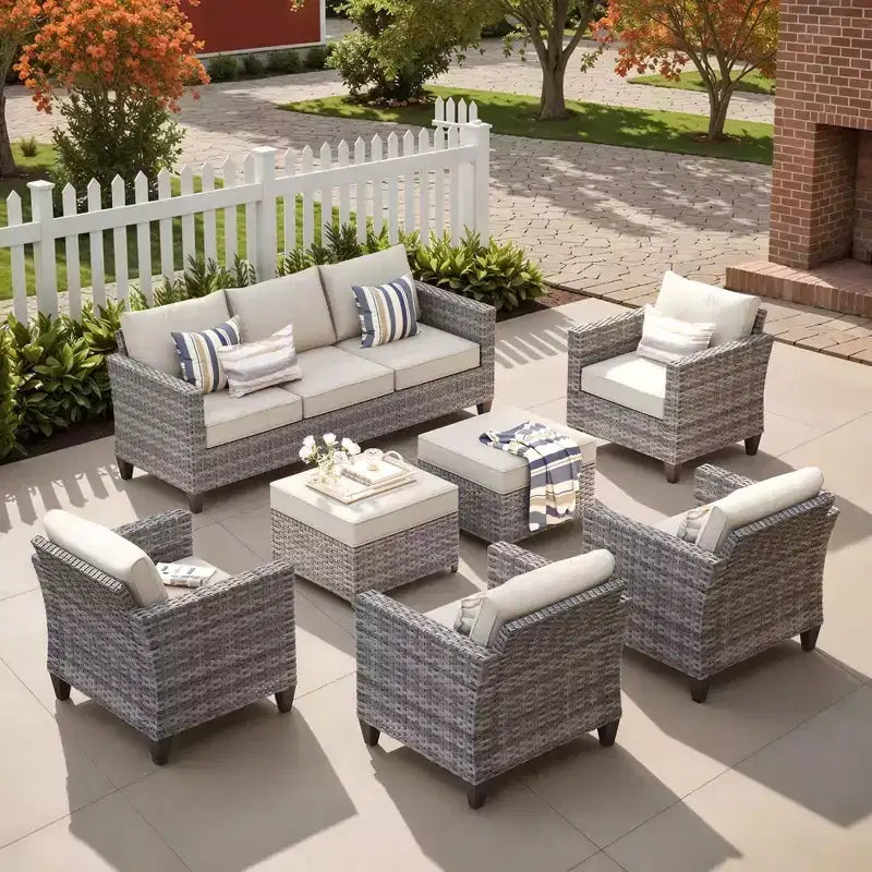 HOMLUX 7 részes kültéri rattan ülőgarnitúra kanapéval, lábtartókkal és székekkel