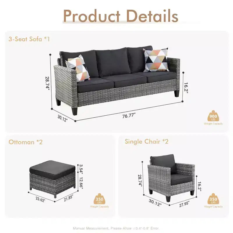 Ensemble de mobilier de terrasse extérieur HOMLUX, 5 pièces : canapé 3 places, 2 fauteuils et 2 poufs
