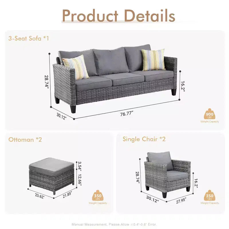 Ensemble de mobilier de terrasse extérieur HOMLUX, 5 pièces : canapé 3 places, 2 fauteuils et 2 poufs
