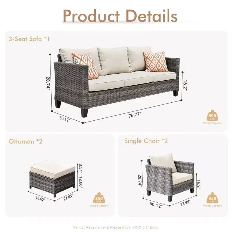 Ensemble de mobilier de terrasse extérieur HOMLUX, 5 pièces : canapé 3 places, 2 fauteuils et 2 poufs