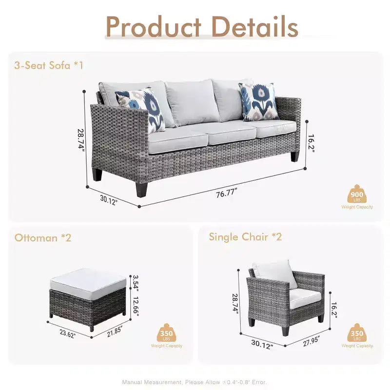 Ensemble de mobilier de terrasse extérieur HOMLUX, 5 pièces : canapé 3 places, 2 fauteuils et 2 poufs