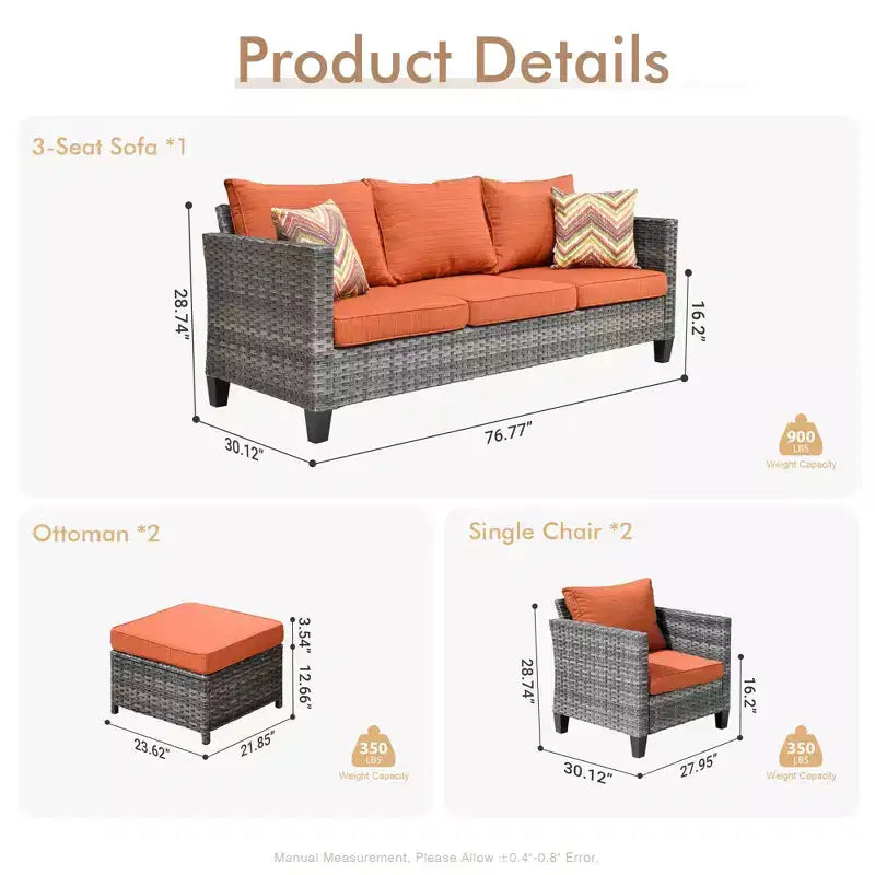 Ensemble de mobilier de terrasse extérieur HOMLUX, 5 pièces : canapé 3 places, 2 fauteuils et 2 poufs