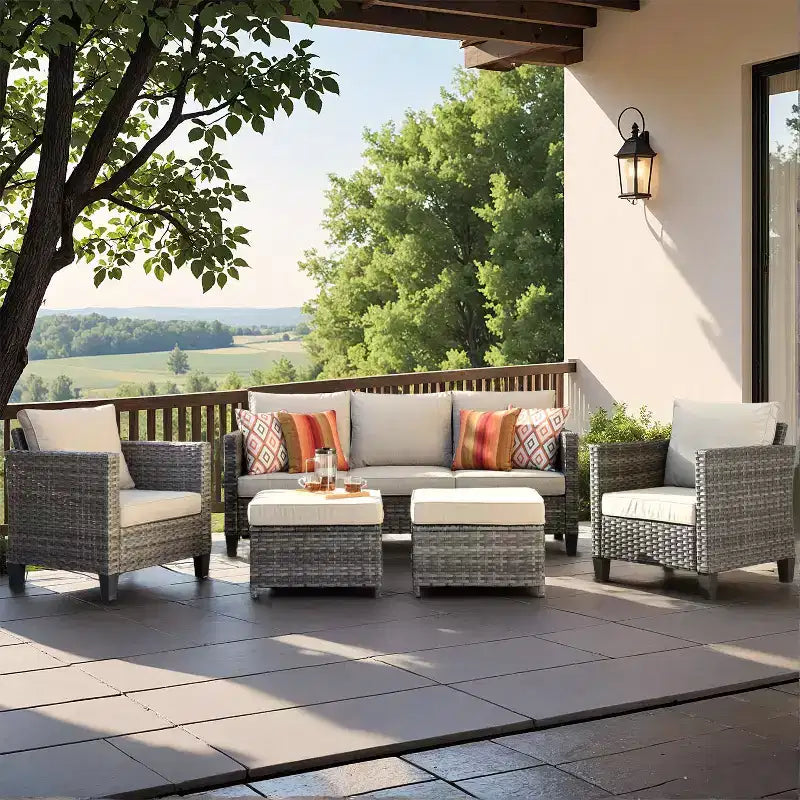 HOMLUX 5-Piece Outdoor Patio Furniture Set: 3-Seater + 2 Chairs + 2 Ottomans