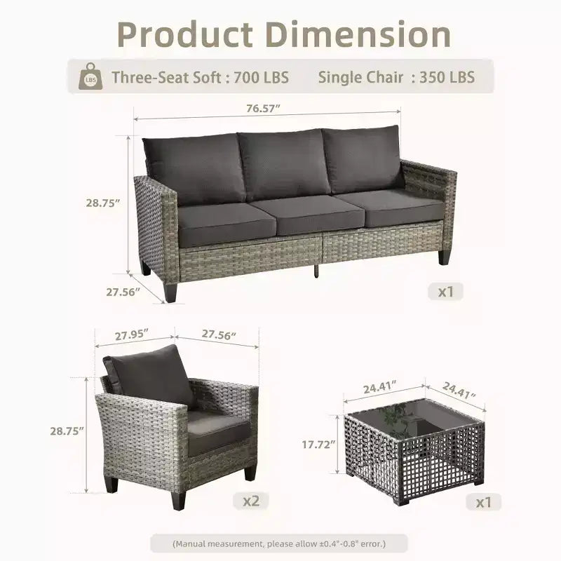 HOMLUX 4 részes kültéri kanapégarnitúra 3 személyes kanapéval, 2 egyszemélyes székkel és LED-es dohányzóasztallal, szürke PE-rattan