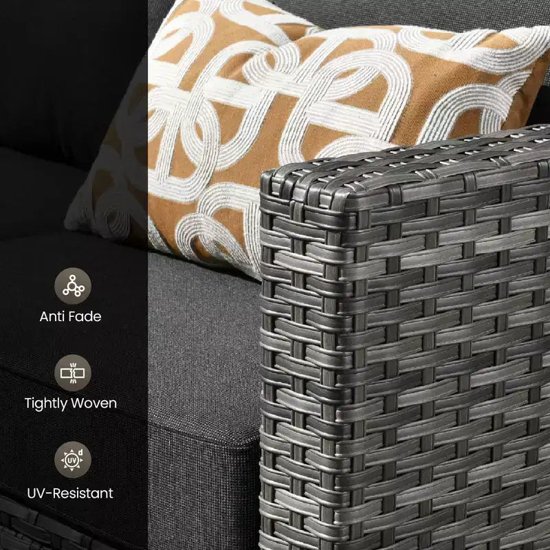 HOMLUX 4 részes kültéri kanapégarnitúra 3 személyes kanapéval, 2 egyszemélyes székkel és LED-es dohányzóasztallal, szürke PE-rattan