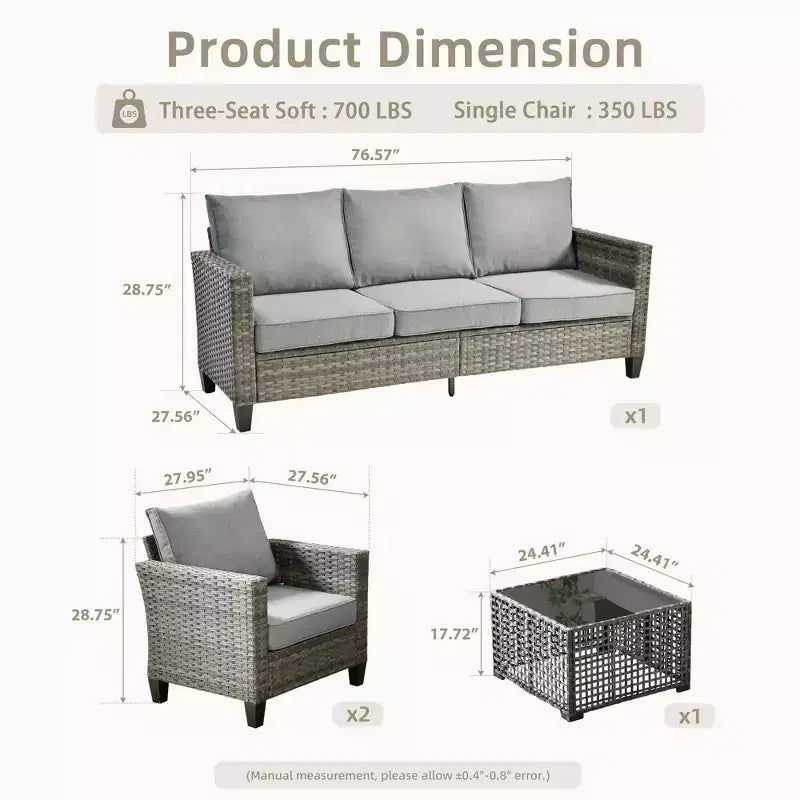 HOMLUX 4 részes kültéri kanapégarnitúra 3 személyes kanapéval, 2 egyszemélyes székkel és LED-es dohányzóasztallal, szürke PE-rattan