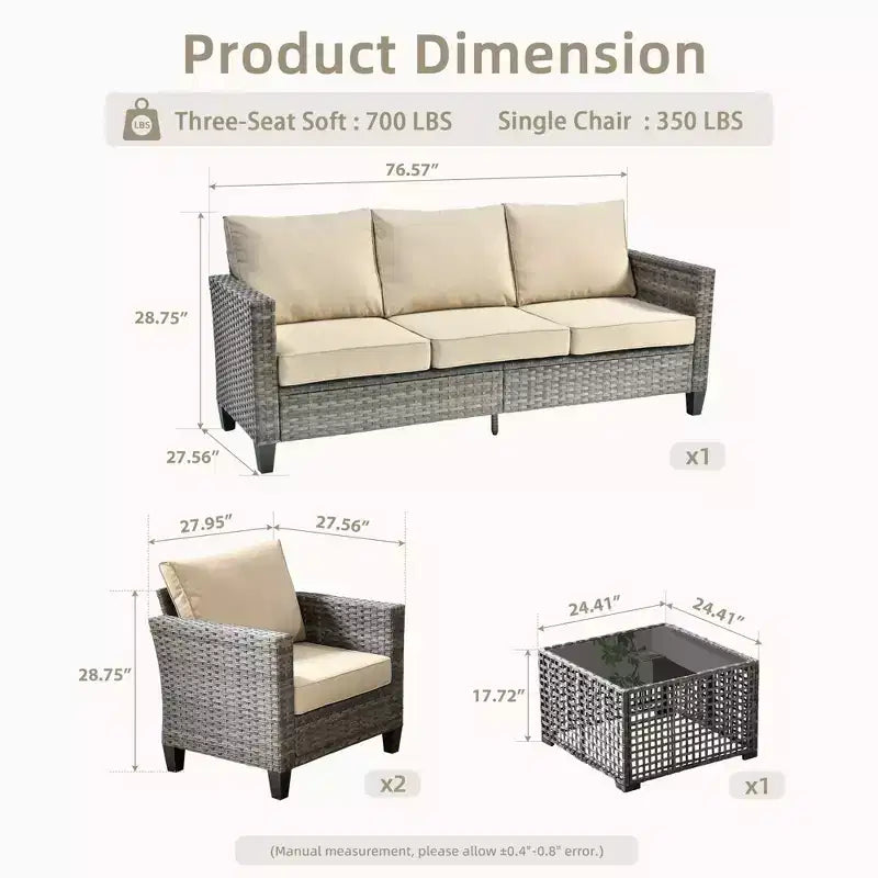 HOMLUX 4 részes kültéri kanapégarnitúra 3 személyes kanapéval, 2 egyszemélyes székkel és LED-es dohányzóasztallal, szürke PE-rattan