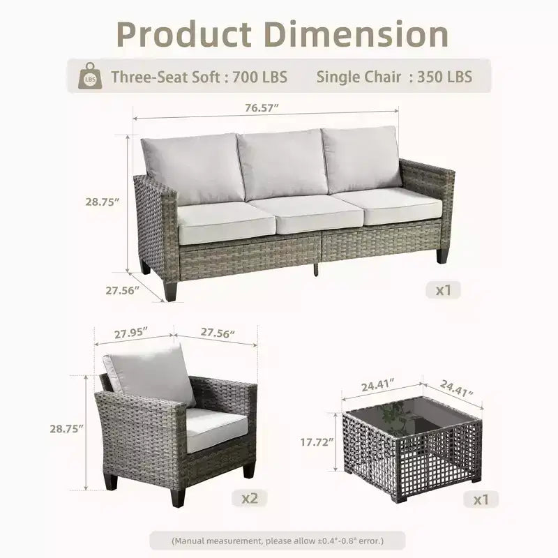 HOMLUX 4 részes kültéri kanapégarnitúra 3 személyes kanapéval, 2 egyszemélyes székkel és LED-es dohányzóasztallal, szürke PE-rattan