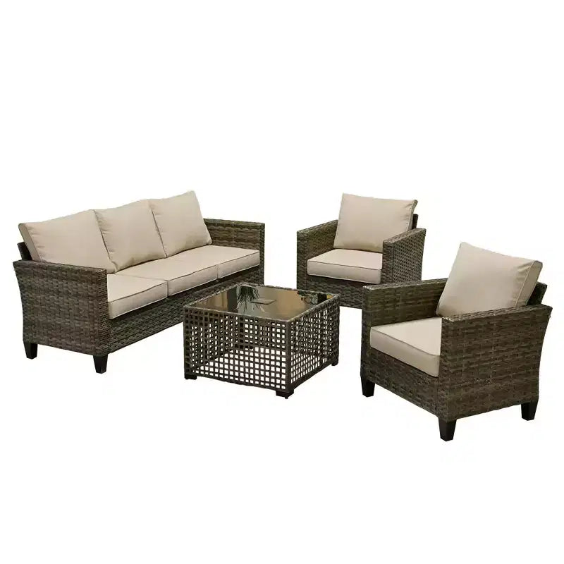 HOMLUX 4-Piece Outdoor Sofa Set w/ 3-Seater, 2 Singles & LED Coffee Table, Gray PE Rattan