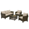 HOMLUX 4-Piece Outdoor Sofa Set w/ 3-Seater, 2 Singles & LED Coffee Table, Gray PE Rattan