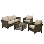 HOMLUX 4-Piece Outdoor Sofa Set w/ 3-Seater, 2 Singles & LED Coffee Table, Gray PE Rattan