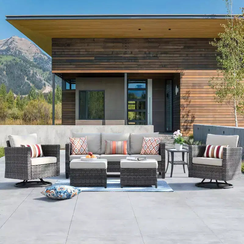 HOMLUX 6-Piece Patio Conversation Set w/ 3-Seater Sofa & Ottomans, Swivel Chairs Set