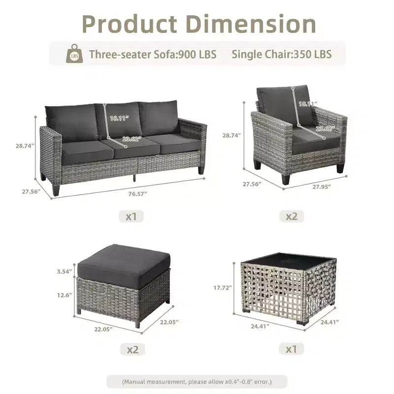 HOMLUX 6 részes kültéri kanapészett puffokkal és rattan dohányzóasztallal, ergonomikus szürke kivitelben