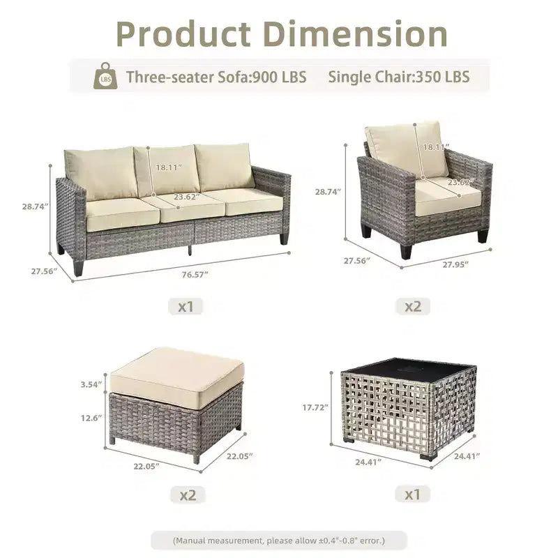 HOMLUX 6 részes kültéri kanapészett puffokkal és rattan dohányzóasztallal, ergonomikus szürke kivitelben