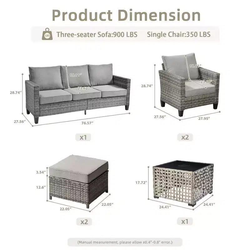 HOMLUX 6 részes kültéri kanapészett puffokkal és rattan dohányzóasztallal, ergonomikus szürke kivitelben