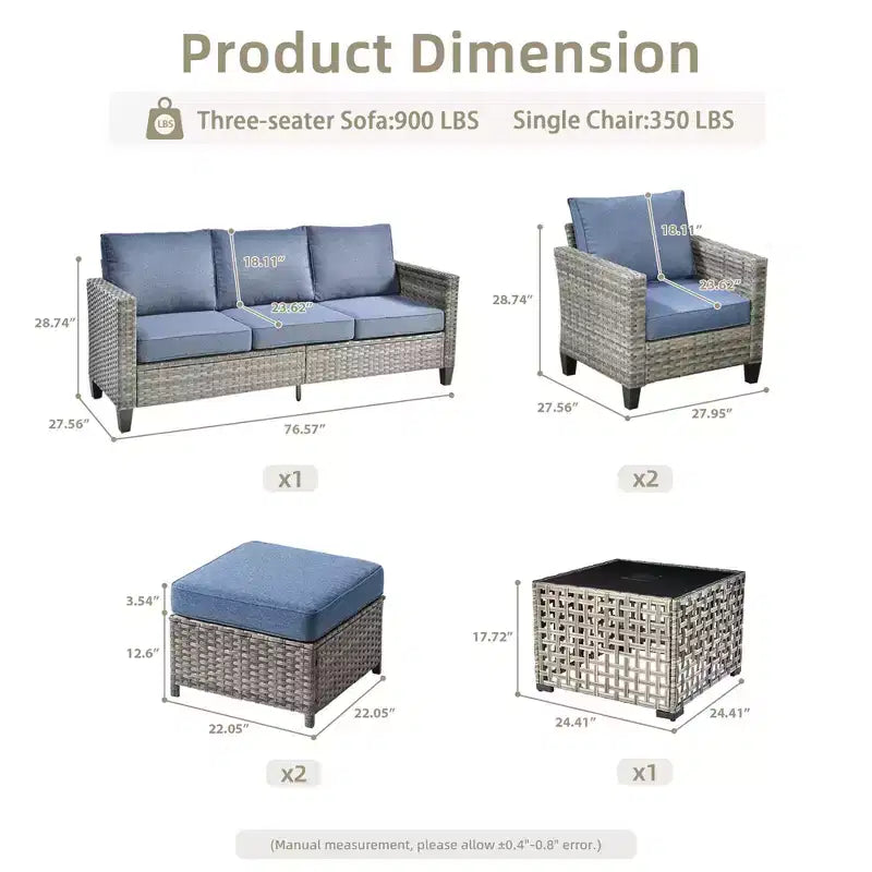 HOMLUX 6 részes kültéri kanapészett puffokkal és rattan dohányzóasztallal, ergonomikus szürke kivitelben