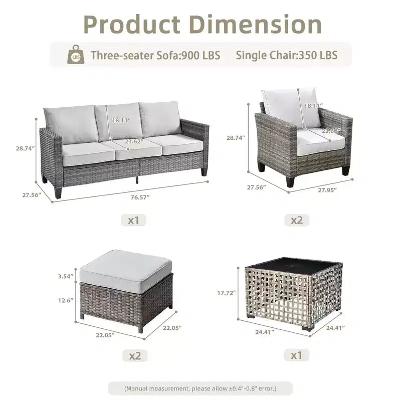 HOMLUX 6 részes kültéri kanapészett puffokkal és rattan dohányzóasztallal, ergonomikus szürke kivitelben