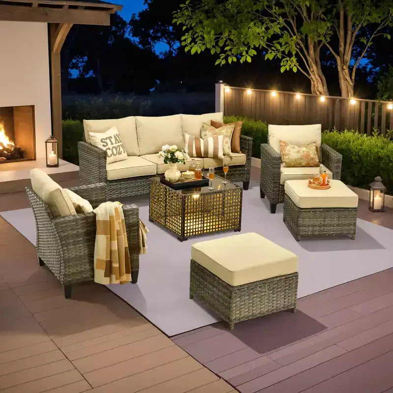 HOMLUX Outdoor 6-Piece Sofa Set w/ Ottomans & Rattan Coffee Table, Ergonomic Gray Design
