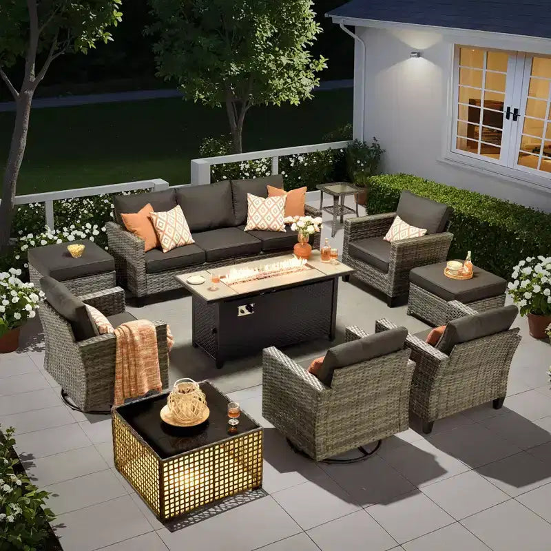 Set completo di sedute da patio HOMLUX da 10 pezzi con tavolo per braciere da 54 e set di sedie girevoli