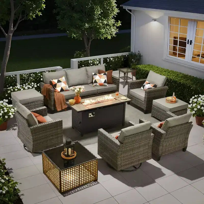 Set completo di sedute da patio HOMLUX da 10 pezzi con tavolo per braciere da 54 e set di sedie girevoli