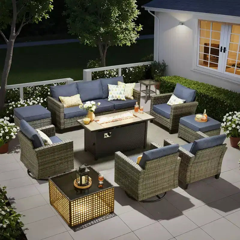 Set completo di sedute da patio HOMLUX da 10 pezzi con tavolo per braciere da 54 e set di sedie girevoli