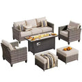 HOMLUX Outdoor 6-Piece Sofa Set w/ 54 Fire Pit Table, Gray Rattan & Easy-Clean Fabric