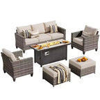 HOMLUX Outdoor 6-Piece Sofa Set w/ 54 Fire Pit Table, Gray Rattan & Easy-Clean Fabric