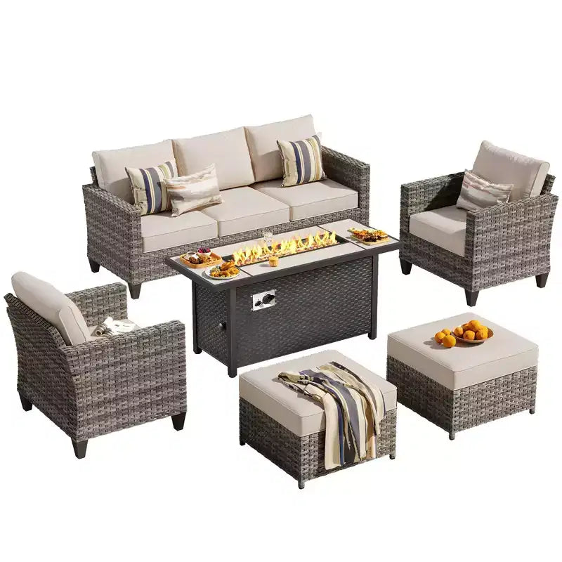 HOMLUX Outdoor 6-Piece Sofa Set w/ 54 Fire Pit Table, Gray Rattan & Easy-Clean Fabric